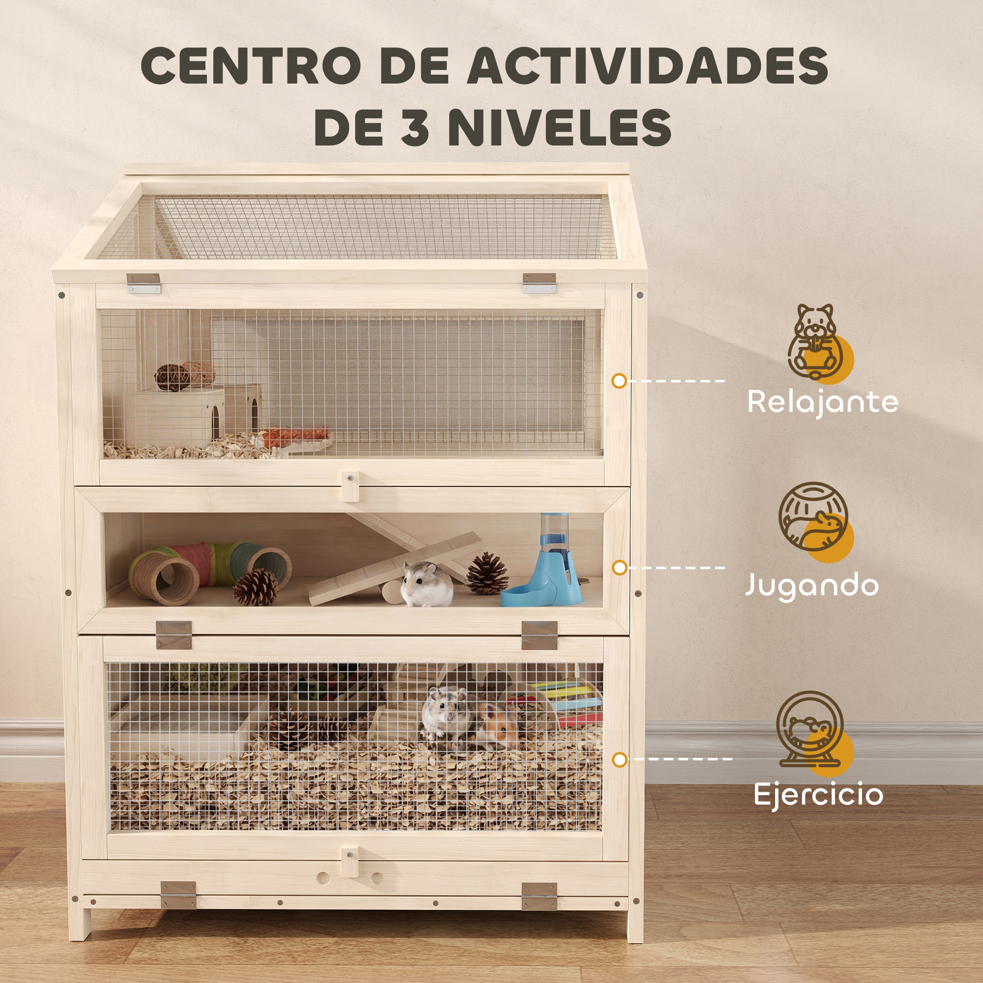 Jaula para Hámster de Madera de 3 Niveles, Casa para Hámster con Bebederos, Casetas, Balancines, Rampas, Bandeja Extraíble y Tapas Abatibles, 68x61,5x90 cm, Natural