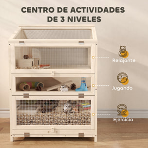 Jaula para Hámster de Madera de 3 Niveles, Casa para Hámster con Bebederos, Casetas, Balancines, Rampas, Bandeja Extraíble y Tapas Abatibles, 68x61,5x90 cm, Natural
