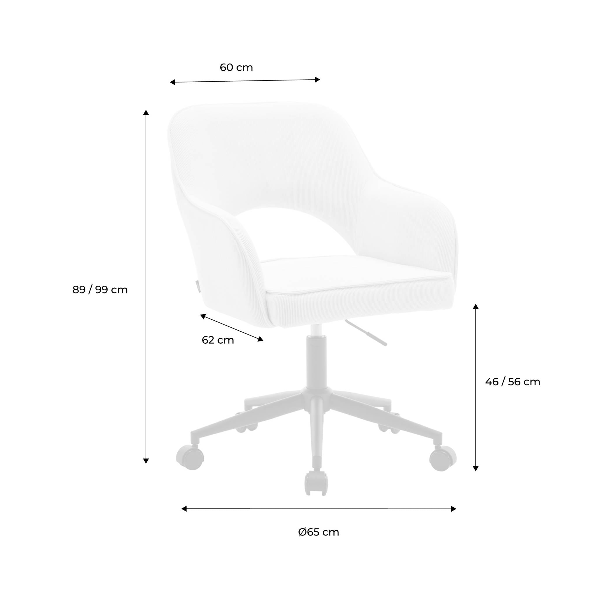 Chaise de bureau à roulettes velours côtelé camel L 60 x P 62 x H 89 / 99cm