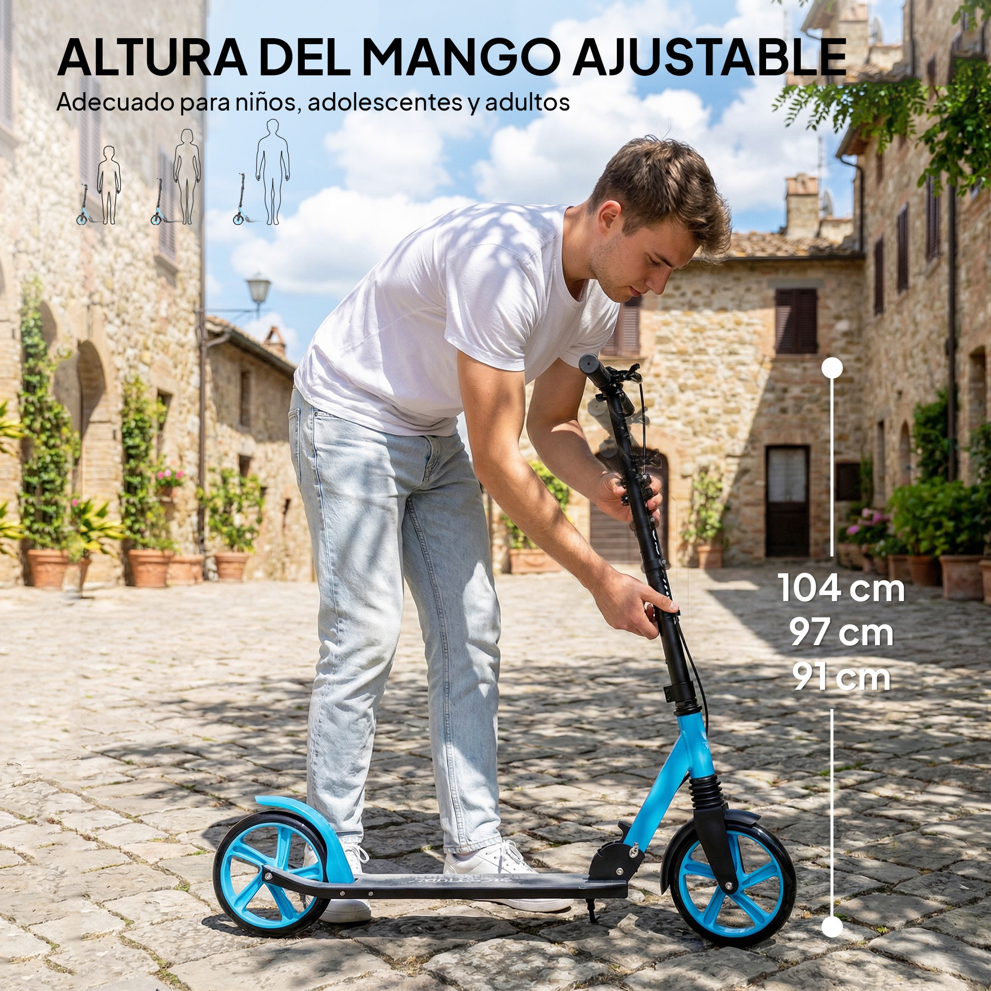 Patinete Plegable para Adultos y Niños de +14 Años Scooter Ligero con Manillar Ajustable Grandes Ruedas Ø200 mm Amortiguador y Freno Aluminio Carga 100 kg 91,5x36,5x91-104 cm Azul
