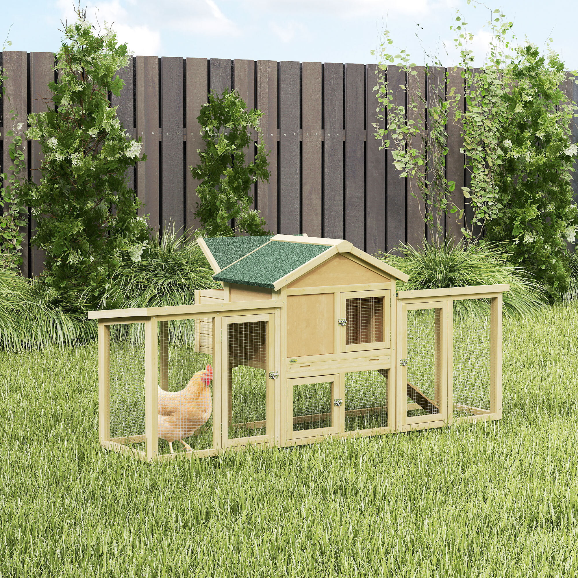 Gallinero para Exterior Grande de Madera, 204x85x93 cm, Gallinero con Caja de Anidación, Corral, Bandeja Extraíble, Techo Impermeable, Rampa y Percha, Jaula para Conejos, Patos, Madera Natural