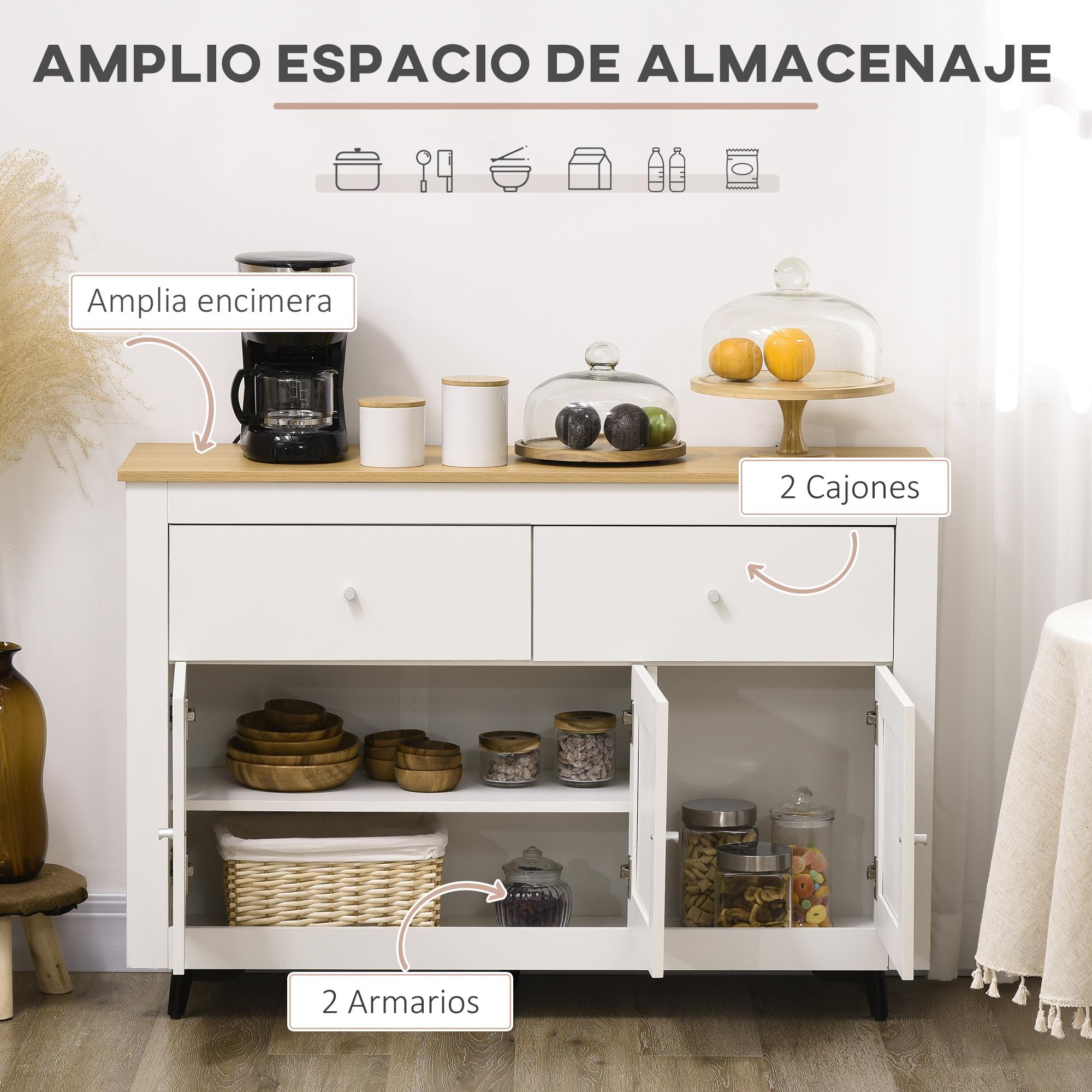 Aparador de Cocina Mueble Auxiliar de Cocina con 2 Cajones 3 Puertas y Estante Interior Ajustable 117x35x80 cm Blanco