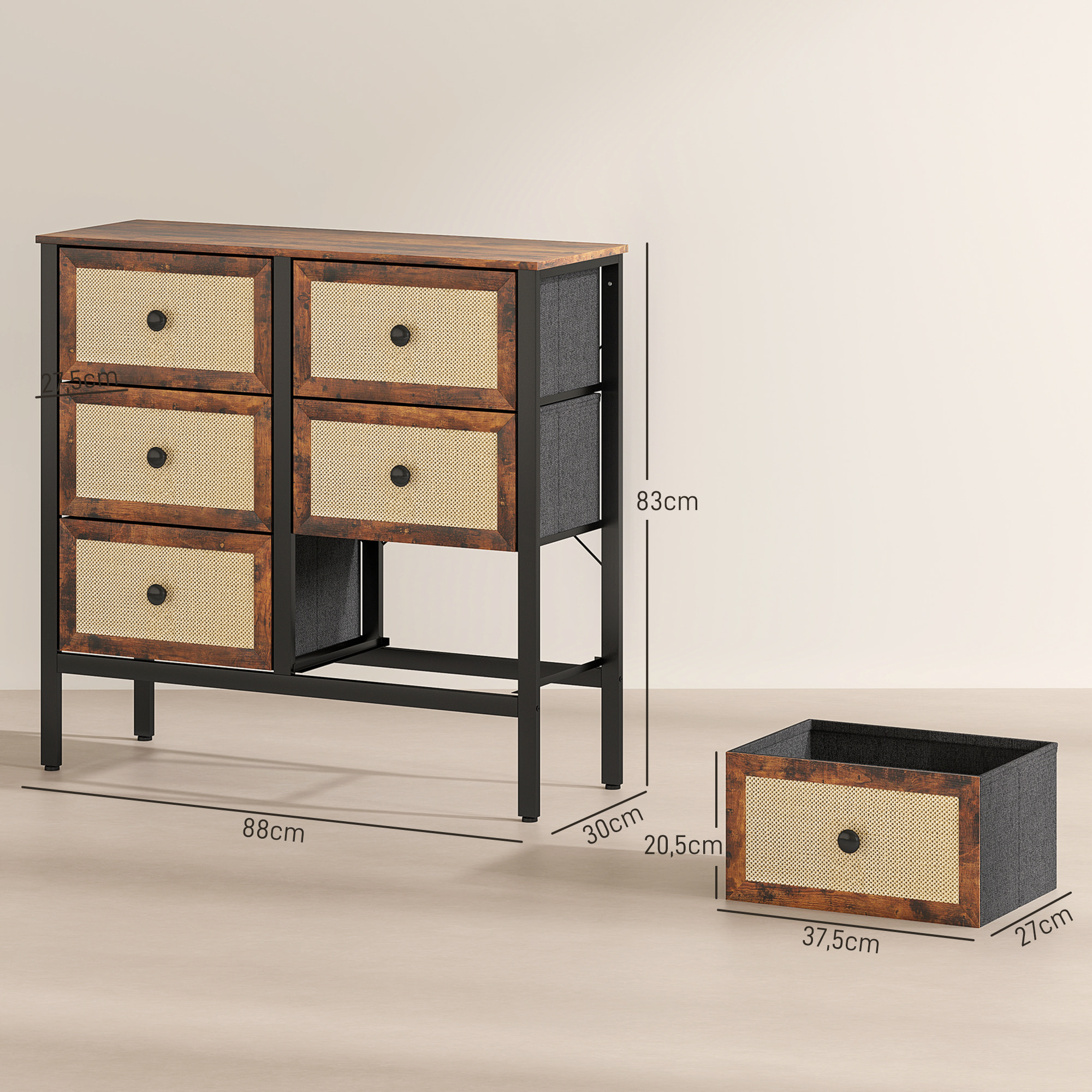 Cómoda para Dormitorio Cajonera de Tela con 6 Cajones Plegables con Frentes de Ratán y Marco de Acero Cajonera para Dormitorio Salón Marrón Rústico