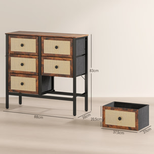 Cómoda para Dormitorio Cajonera de Tela con 6 Cajones Plegables con Frentes de Ratán y Marco de Acero Cajonera para Dormitorio Salón Marrón Rústico