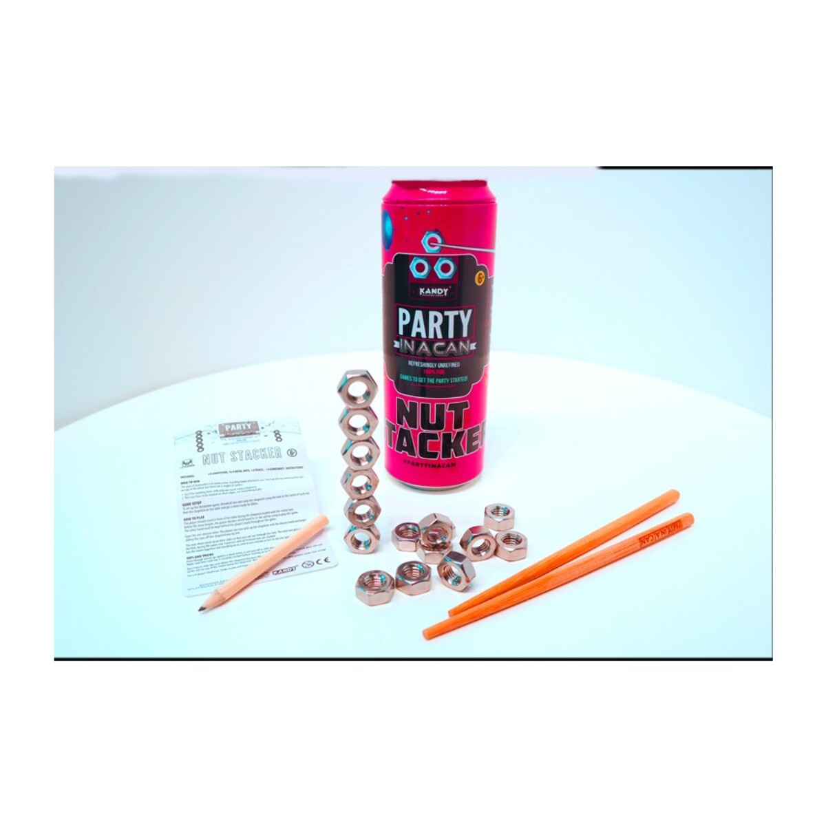 Juego de mesa PARTY IN A CAN, DESAFIO "TUERCAS APILABLES"