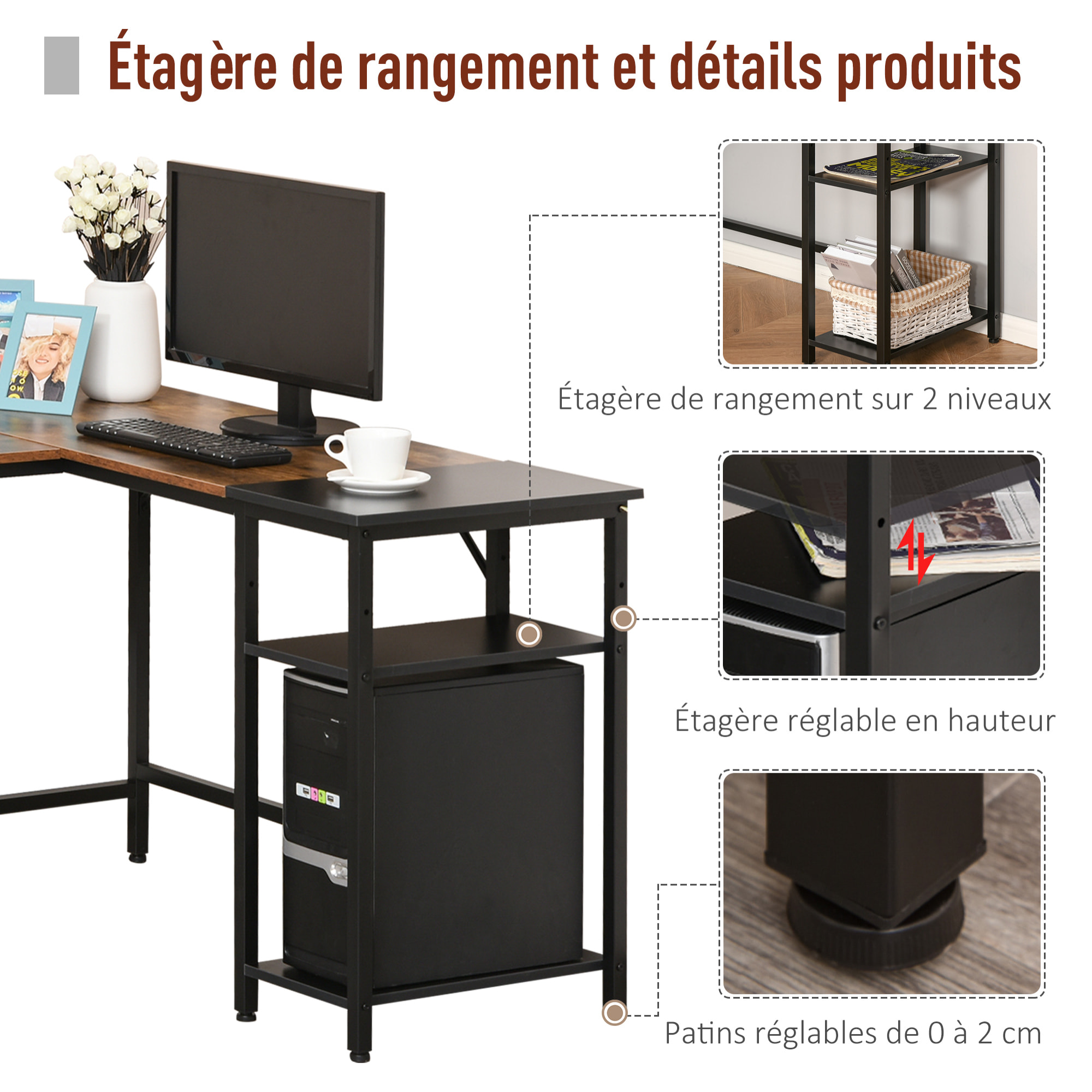Bureau informatique design industriel bureau d'angle 2 tablettes support CPU imprimante aspect vieux bois métal noir