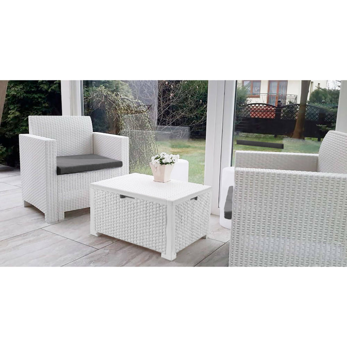 Set salotto da esterno Neptune, Set da giardino con cuscini, Salottino indoor e outdoor effetto rattan, 100% Made in Italy, Bianco