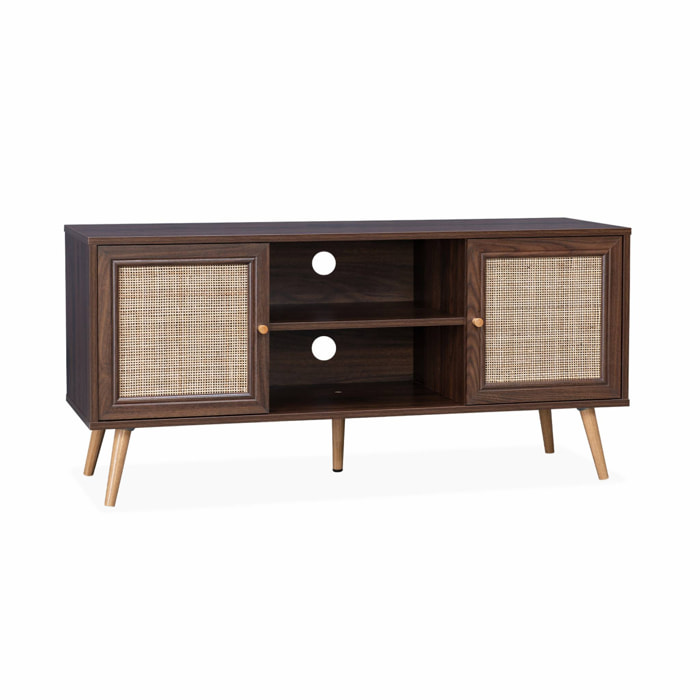 Meuble TV en cannage 120x39x56.5cm -  Bohème - couleur bois foncé. 2 niveaux. 2 étagères. 2 portes. pieds scandinaves