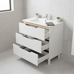 Mobile Bagno A Terra Con 3 Cassettoni Soft Close E Lavabo In Ceramica Incluso Mobiletto Design Moderno Salvaspazio 80 x 45 x 86 Cm Colore Bianco