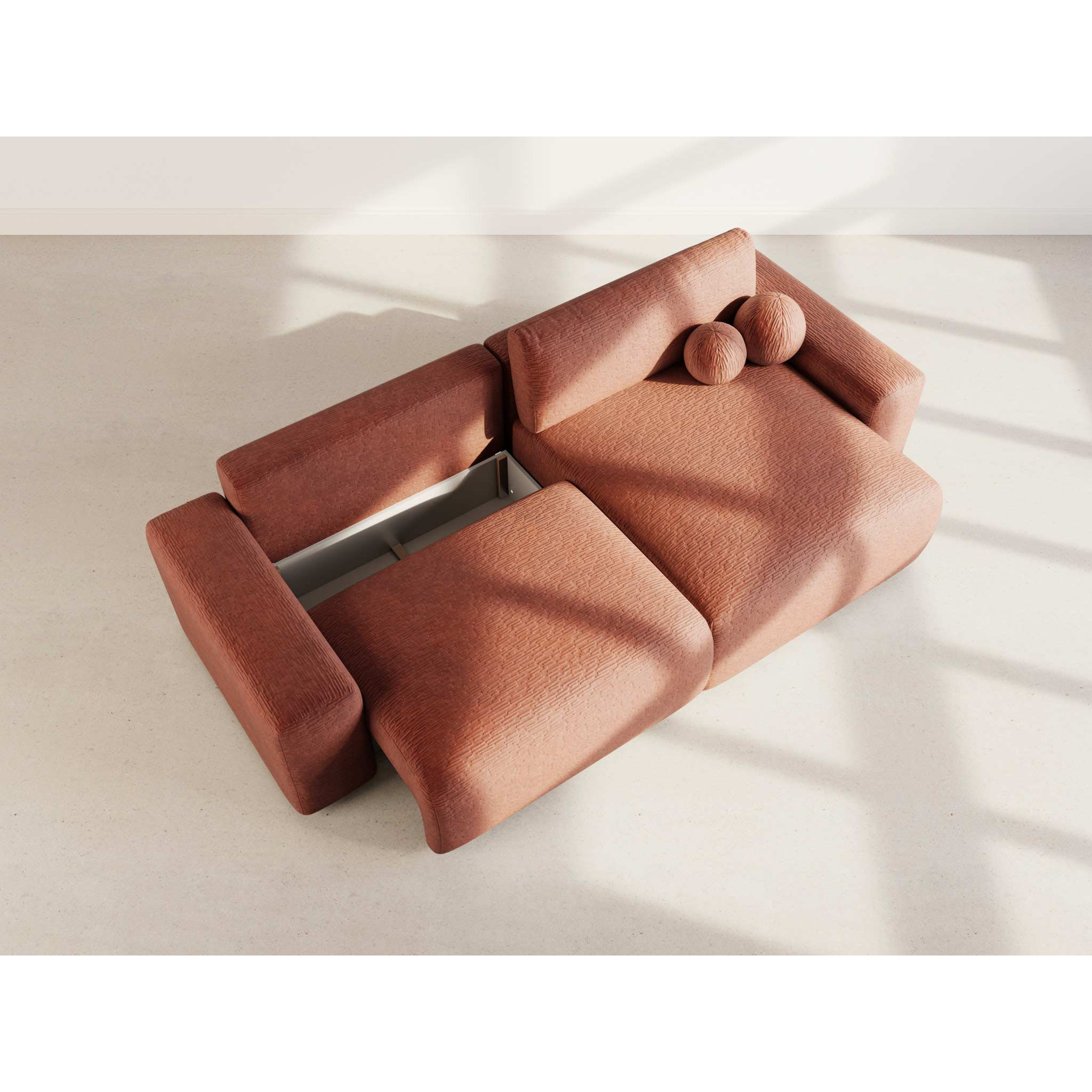 Constance - Canapé d'angle réversible 4 places convertible avec coffre en velours gaufré - Terracotta