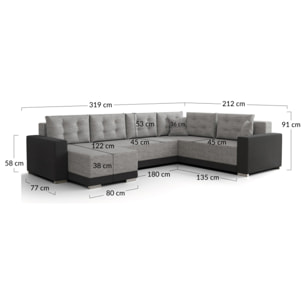 Roger - Canapé panoramique d'angle réversible 7 places convertible avec coffre en tissu - Gris / Blanc