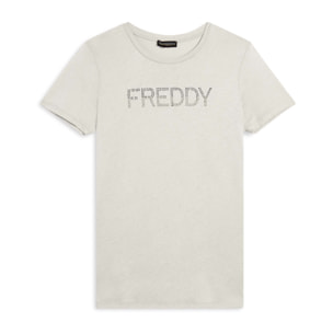 T-shirt donna con logo in strass bicolori