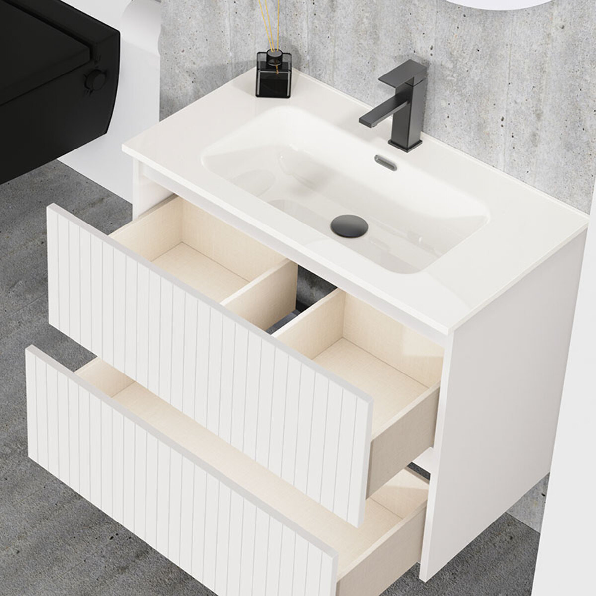 Conjunto de Baño Miya | Mueble de Baño Suspendido | 80 cm Blanco| Dos Cajones | Lavabo Encastrado | No incluye Espejo | Alday
