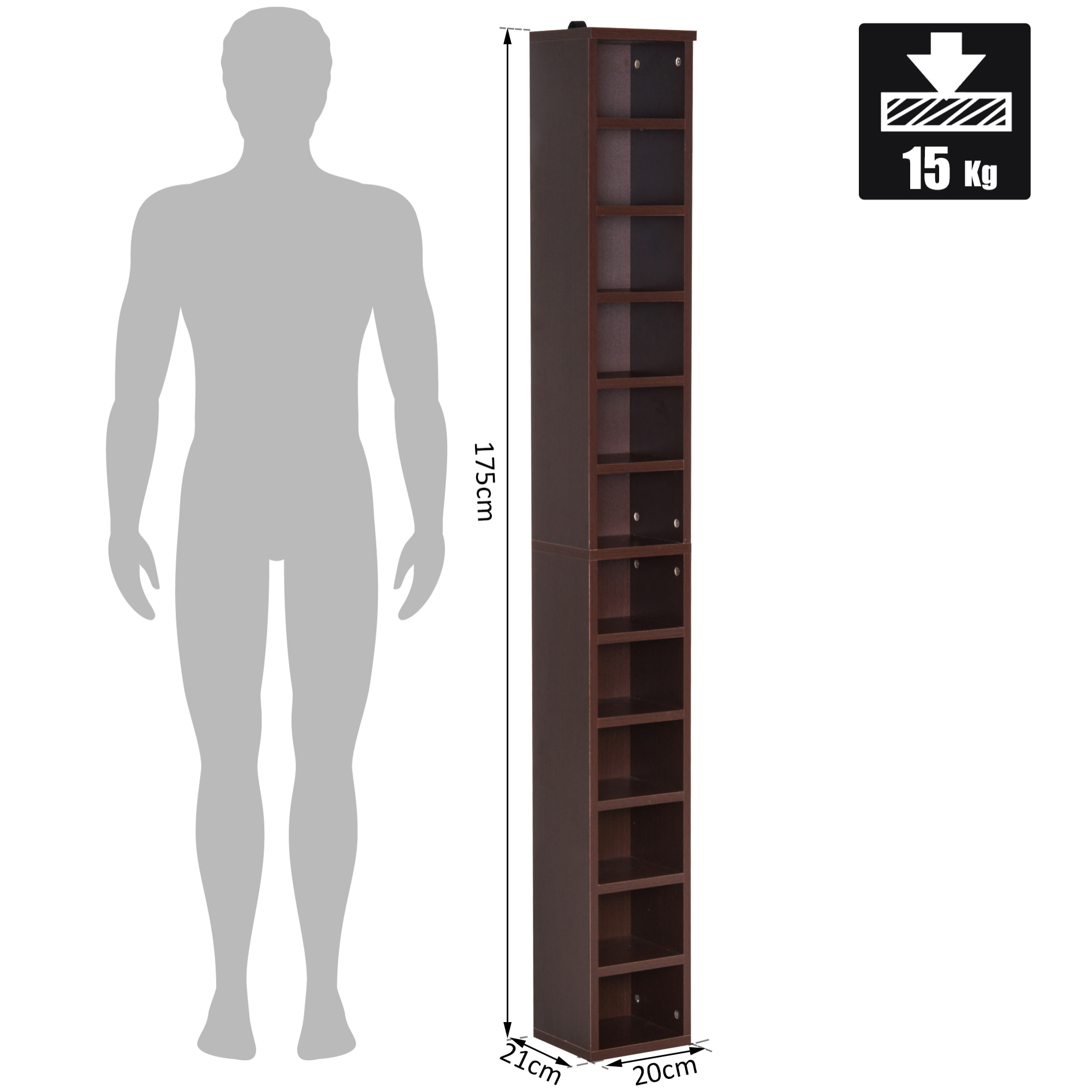 Étagère colonne armoire de rangement CD 12 compartiments 21L x 20l x 175H cm capacité max. 204 CD coloris noyer foncé