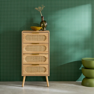 Commode chiffonnier effet bois et cannage 4 tiroirs naturel. poignée en métal doré - L 48 x P 39.5 x H 96 cm - Eva