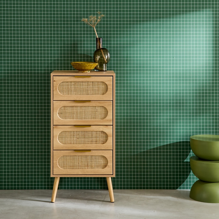 Commode chiffonnier effet bois et cannage 4 tiroirs naturel. poignée en métal doré - L 48 x P 39.5 x H 96 cm - Eva