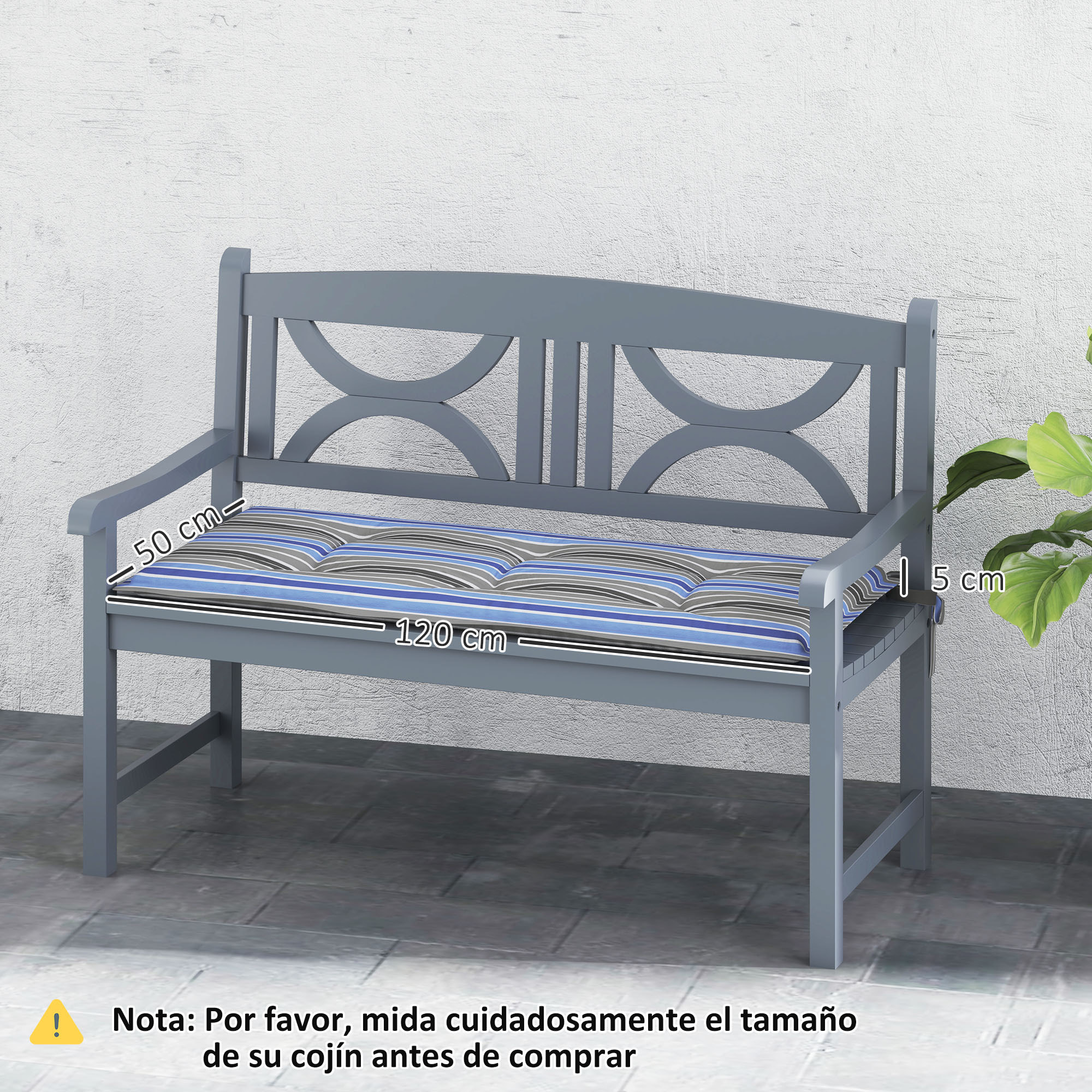 Juego de 2 Cojines para Banco de Jardín de 2 Plazas 120x50x5 cm Cojines Rectangulares para Interior y Exterior Impermeable con Relleno Grueso y Cintas de Sujeción Rayas Multicolor