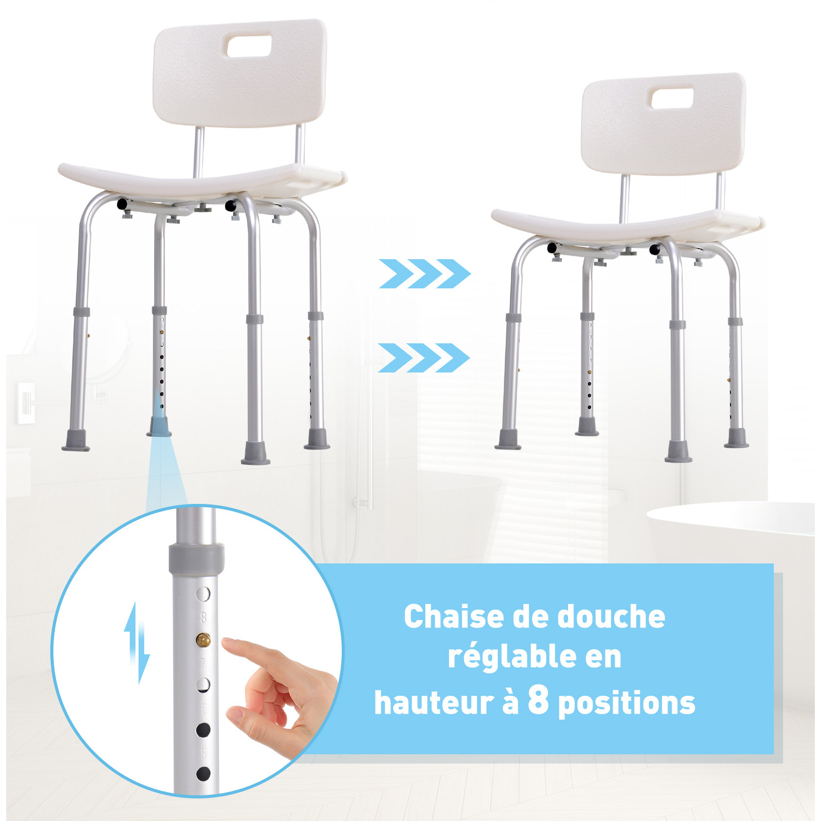 Chaise de douche siège de douche ergonomique hauteur réglable pieds antidérapants charge max. 136 Kg alu HDPE blanc