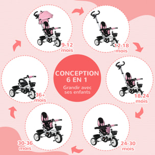 Tricycle enfant évolutif pliable pare-soleil canne télescopique amovible siège réversible rose