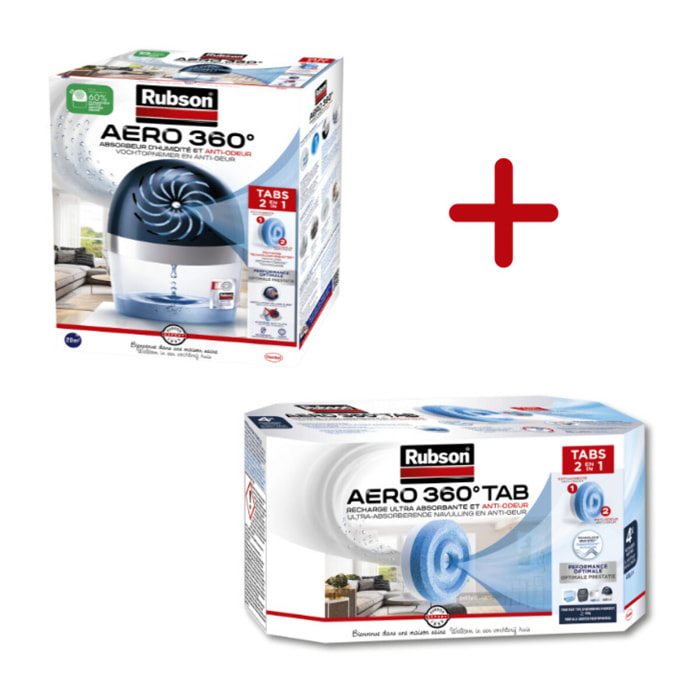 Rubson AERO 360° Absorbeur d'humidité 20 m² Incluant 1 Recharge + Lot de 4 Recharges Neutres Ultra Absorbantes