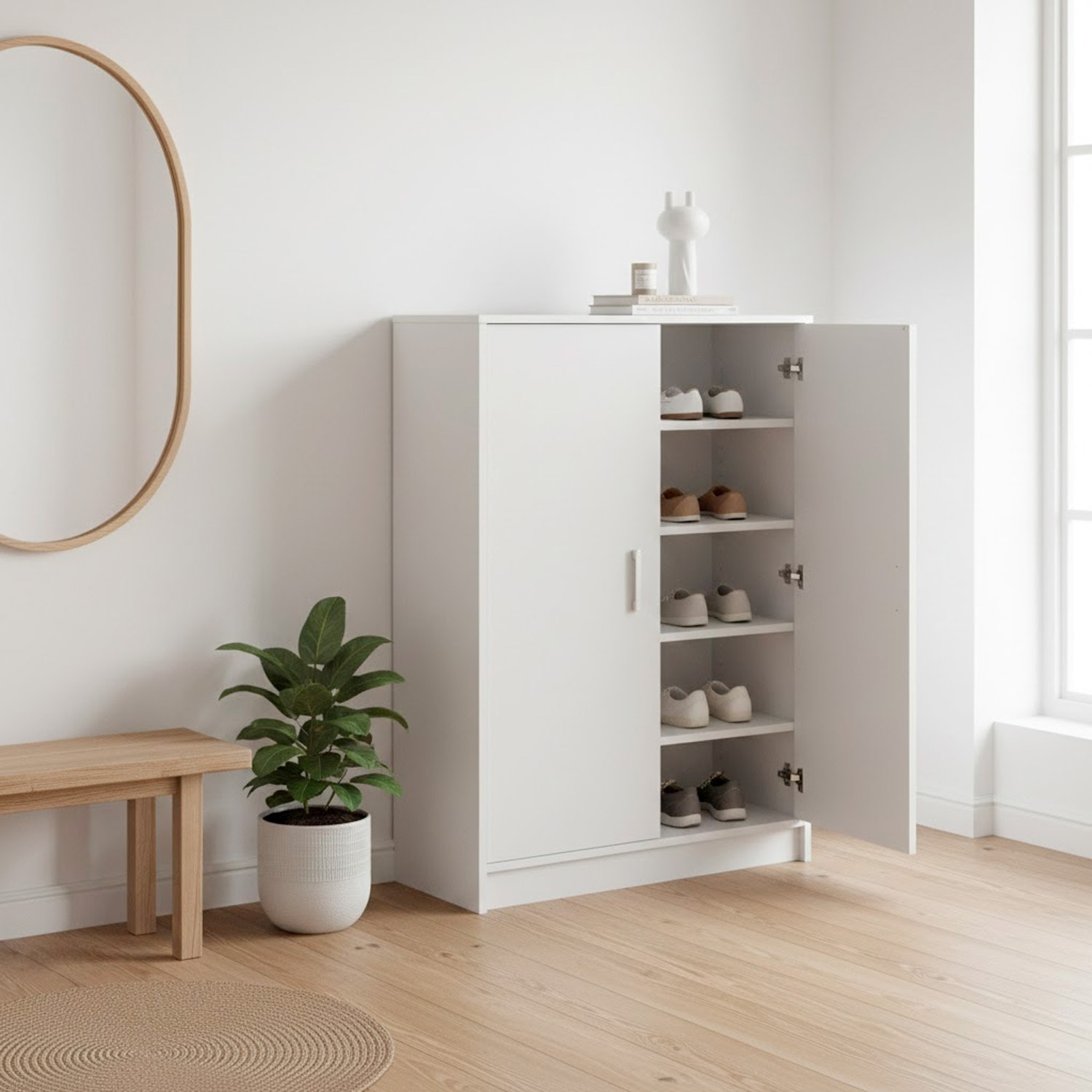Scarpiera a 2 Ante Mobile Portascarpe Mobiletto Capiente fino a 30 Paia con 6 Ripiani + Base Design Moderno per Ingresso Camera 75x36x101 Cm Bianco