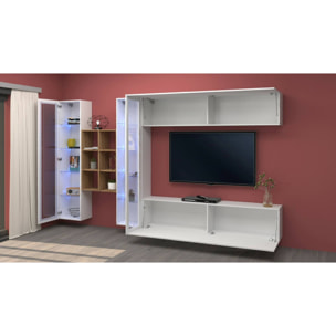 Parete attrezzata Demetrio, Set salotto porta TV a 4 ante, Mobile soggiorno multiuso, 100% Made in Italy, cm 280x30h180, Bianco lucido e Acero