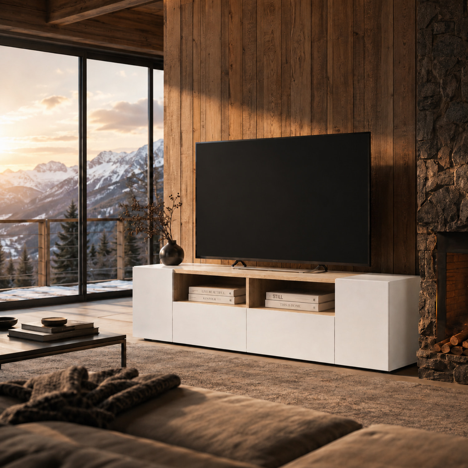 Mobile Porta TV Moderno Con Ante E Vani a Giorno Parete Attrezzata Salvaspazio Per Soggiorno Salotto Cameretta Camera 138x40.2x34 Cm Bianco E Rovere