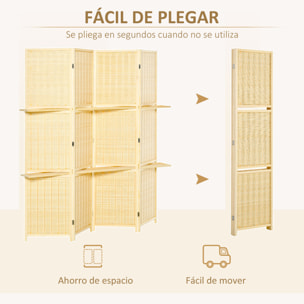 Biombo de 4 Piezas de Bambú Biombo Separador de Ambientes Plegable con 2 Estantes Extraíbles Divisor de Habitaciones Dormitorio 180x180 cm Natural