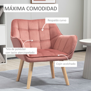 Butaca de Salón Moderna, Sillón Lectura Tapizado en Terciopelo con Asiento Ancho, Patas de Madera, Fácil Montaje, Sillón Relax para Sala de Estar, Dormitorio y Balcón, Rosa