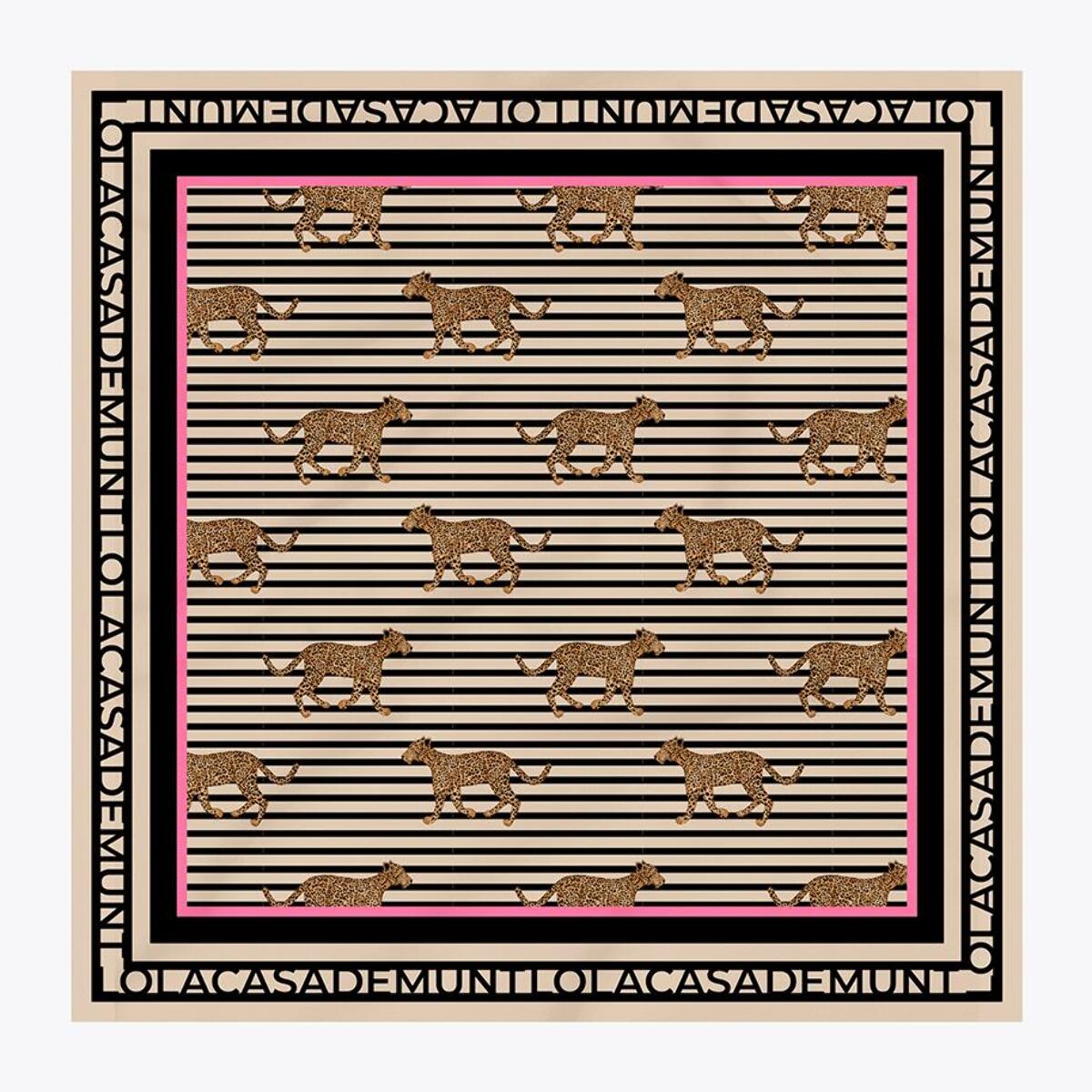 Sciarpa in raso con stampa combinata a righe e leopardo