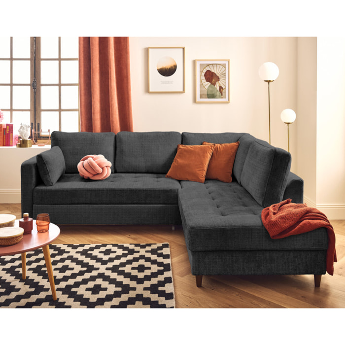 Anna - canapé d'angle droit 5 places convertible en velours texturé - Gris Anthracite
