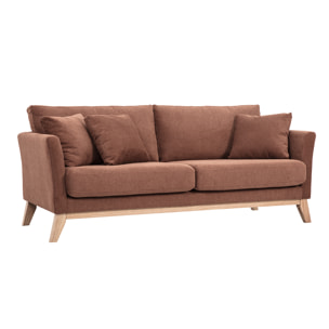 Canapé scandinave déhoussable 3 places en tissu chenille terre brûlée et bois clair OSLO