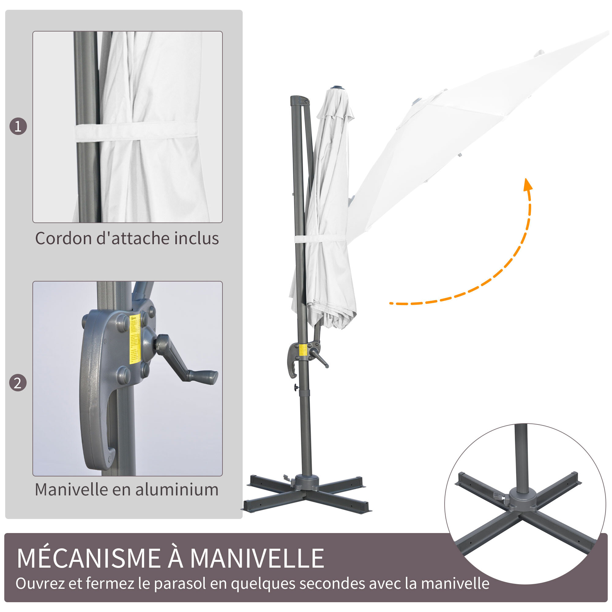 Parasol déporté octogonal inclinable manivelle avec pied en acier Ø 2,94 x 2,48H m blanc