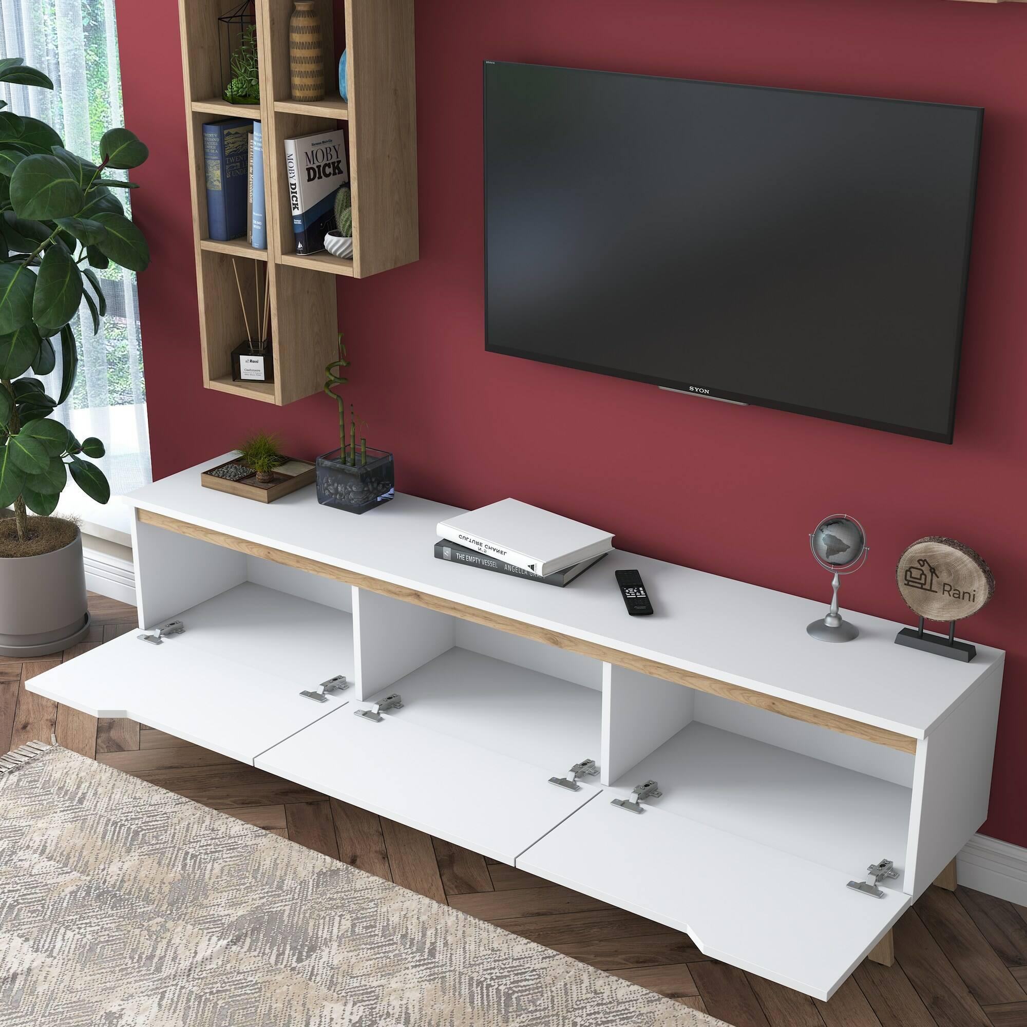 Parete attrezzata Dleonard, Composizione soggiorno, Mobile salotto multiuso, Armadio porta TV, 180x35h49 cm, Bianco e Rovere