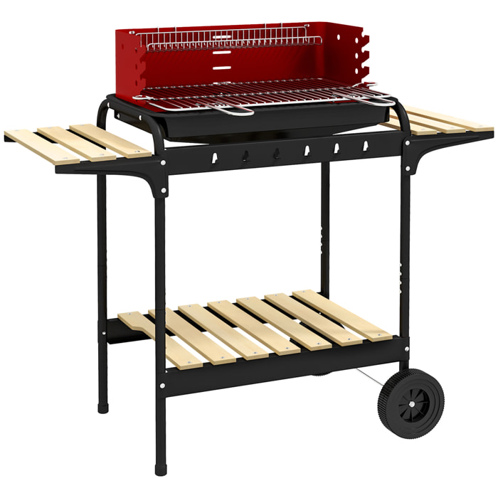 Barbacoa de Carbón con Ruedas Barbacoa Portátil con Parrilla Ajustable en Altura Estantes y 6 Ganchos para Picnic Camping 103x47x95 cm Rojo y Negro