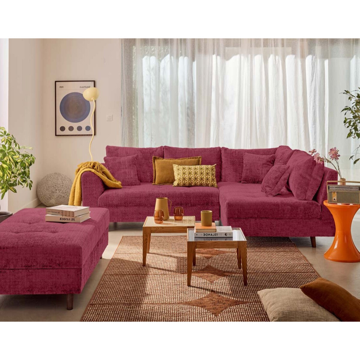 Rune - canapé d'angle droit 4 places en velours texturé - Prune