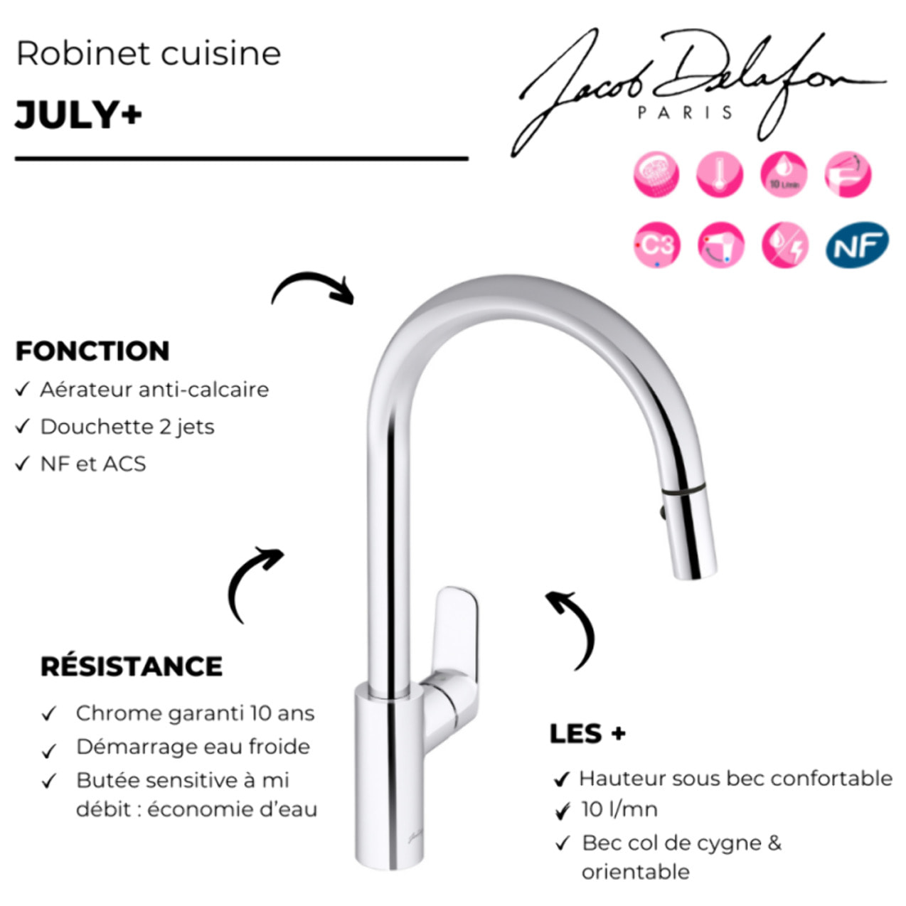 Robinet cuisine avec douchette extractible July+ col de cygne et orientable