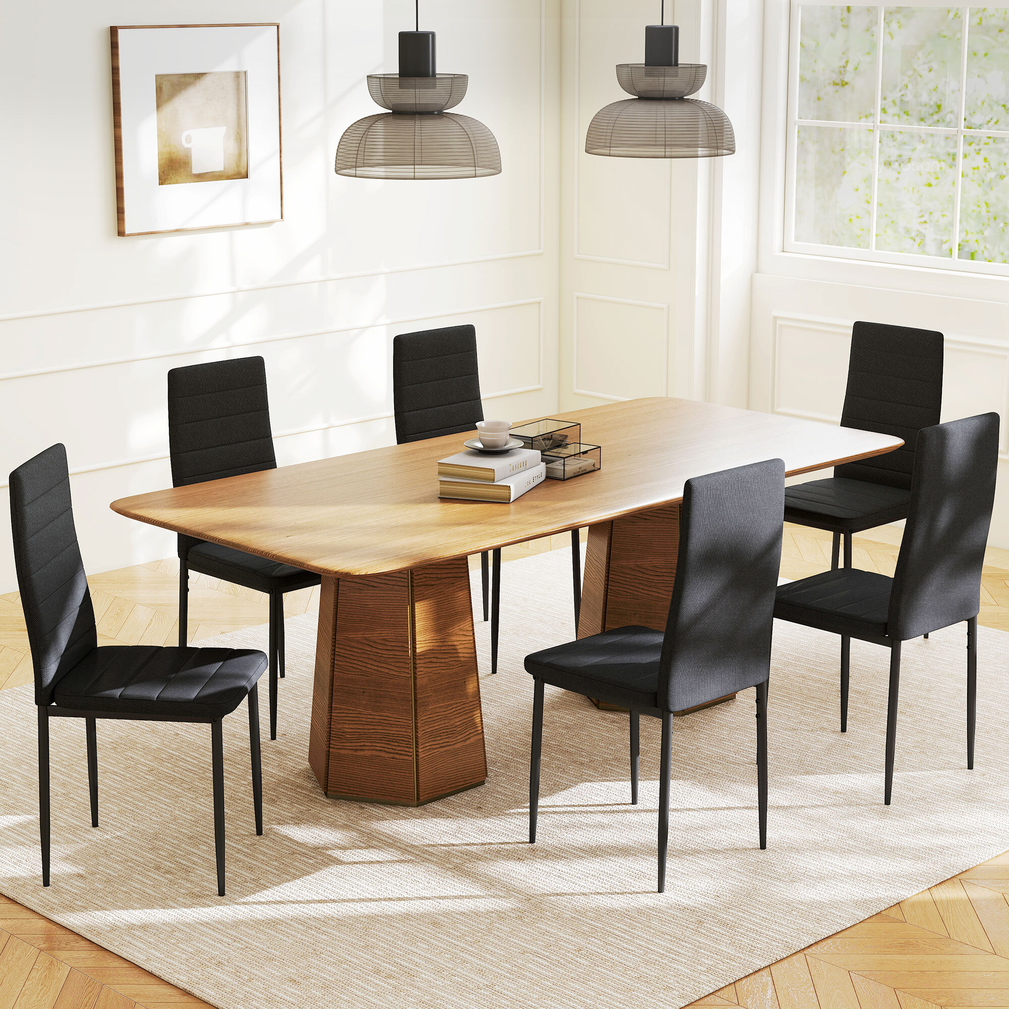 Pack de 6 Sillas de Comedor Modernas, Sillas de Cocina Tapizadas en Lino Sintético con Respaldo Alto y Patas de Metal, para Salón, Negro