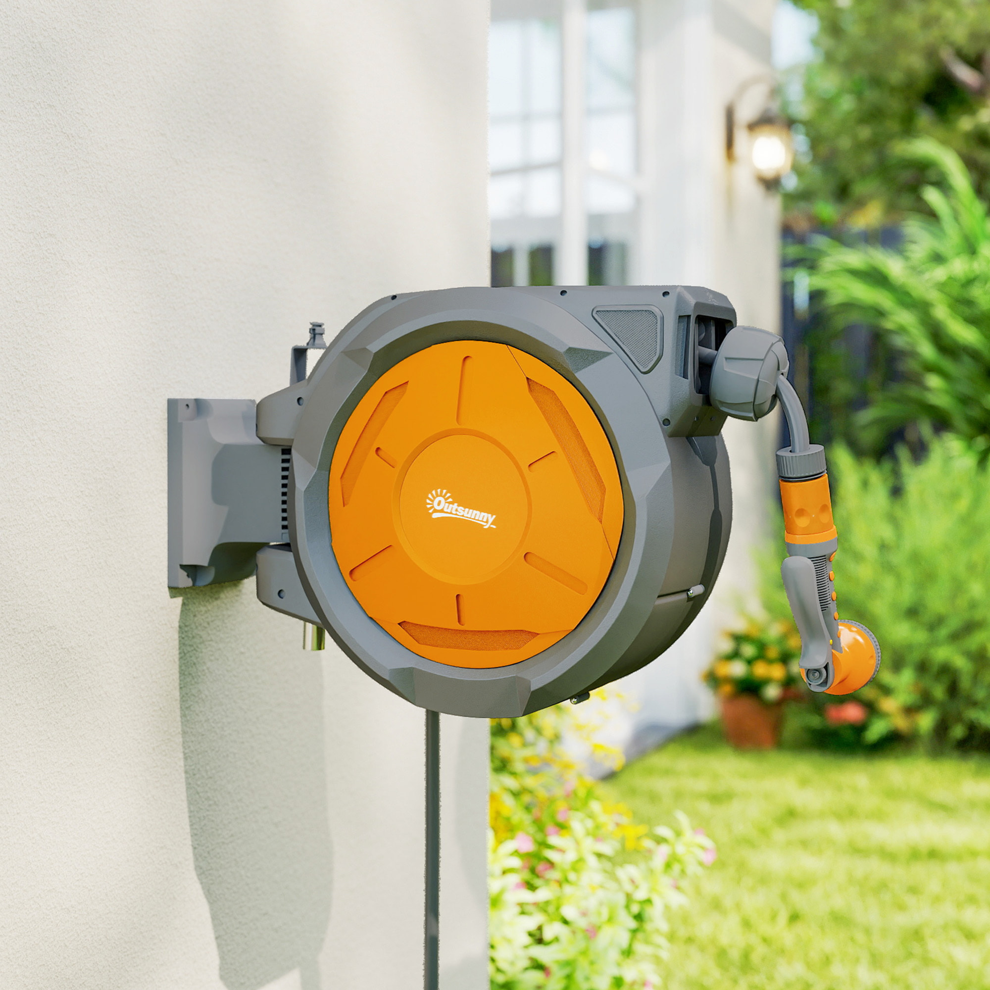 Dévidoir mural enrouleur automatique pivotant 180° tuyau 30+2m avec pistolet arrosage support mural intégré orange gris
