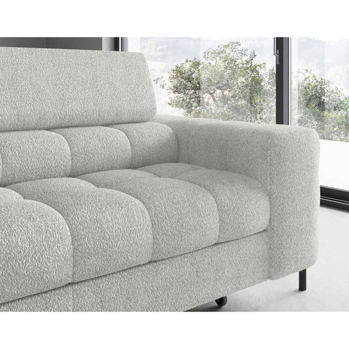 Elisa - canapé d'angle gauche 5 places convertible avec coffre et têtières réglables en tissu bouclette - Gris clair