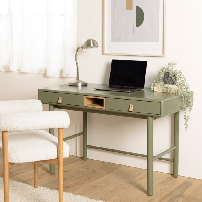 ETHAN - Bureau 2 tiroirs et 1 niche en bois naturel vert