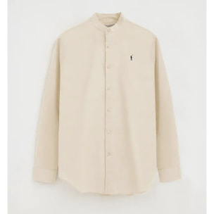 Camisa cotolino beige con cuello mao, corte regular y bordado Rigby Go