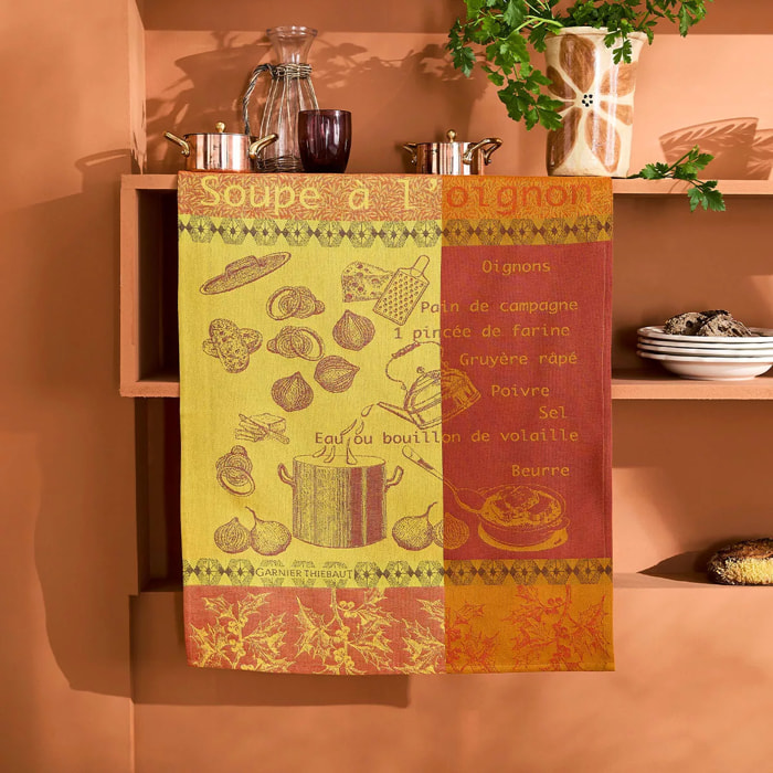 Torchon pur coton motif jacquard bordeaux orange Soupe a l'oignon rouille