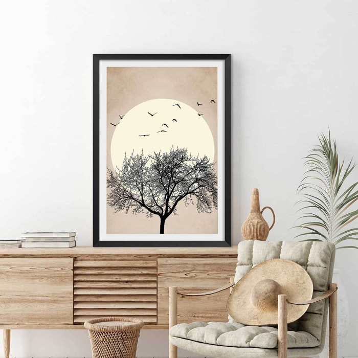Affiche dessin ""Arbre scintillant"" Affiche + cadre en bois - Noir
