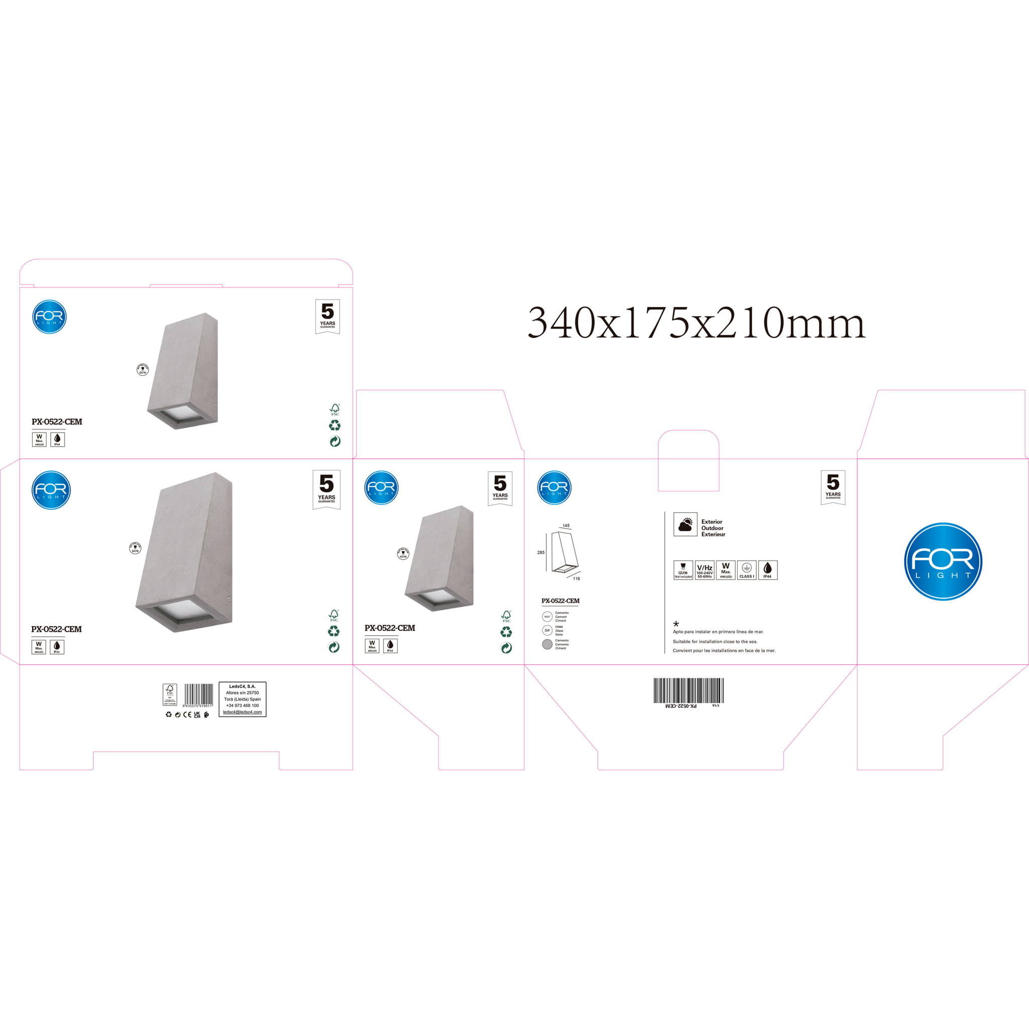 Forlight Aplique de pared exterior Karen Big acabado Cemento IP44 15W E27