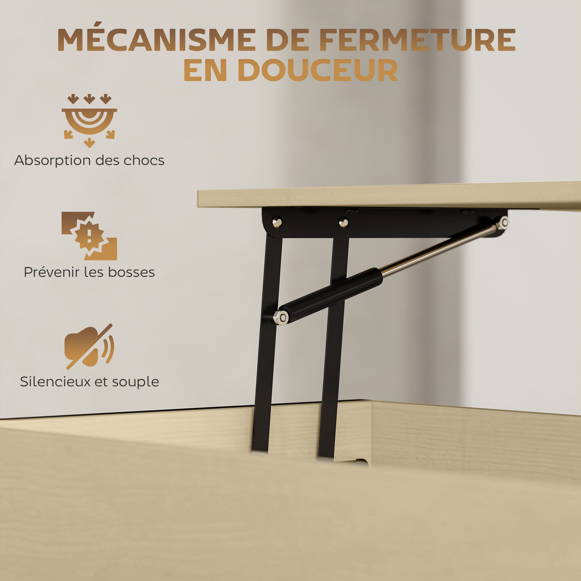Table basse relevable style industriel - étagère - plateau relevable H.46-59 cm - métal noir effet bois clair