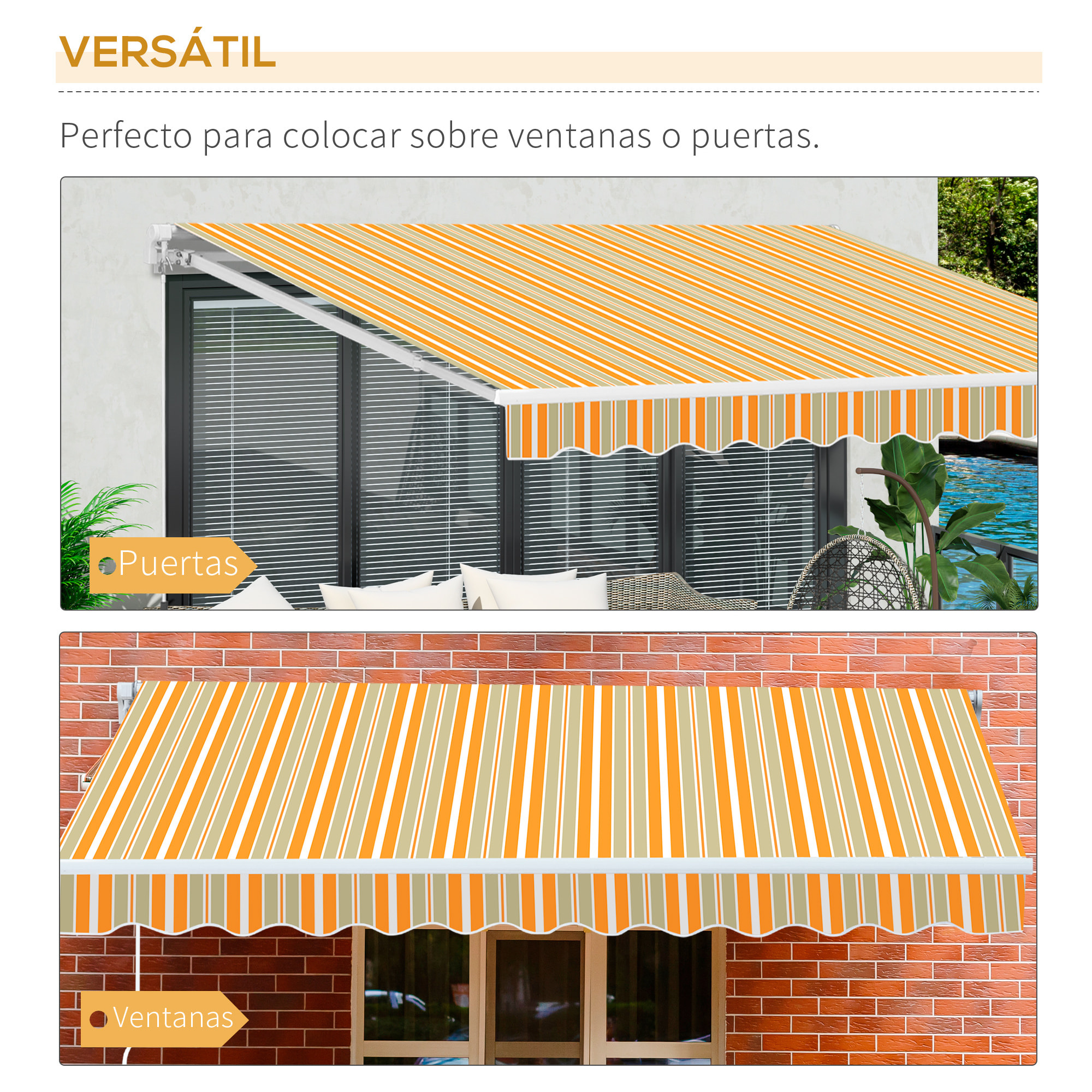 Toldo Retráctil con Manivela de PU 3x2,5m Naranja Blanco