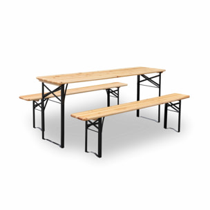 Table en bois 180cm avec 2 bancs – BAYONNE – Esprit brasserie. pliable. 6 personnes