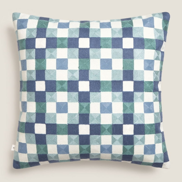 Funda de cojín bordado cuadros Renuta color azul Algodón y poliéster