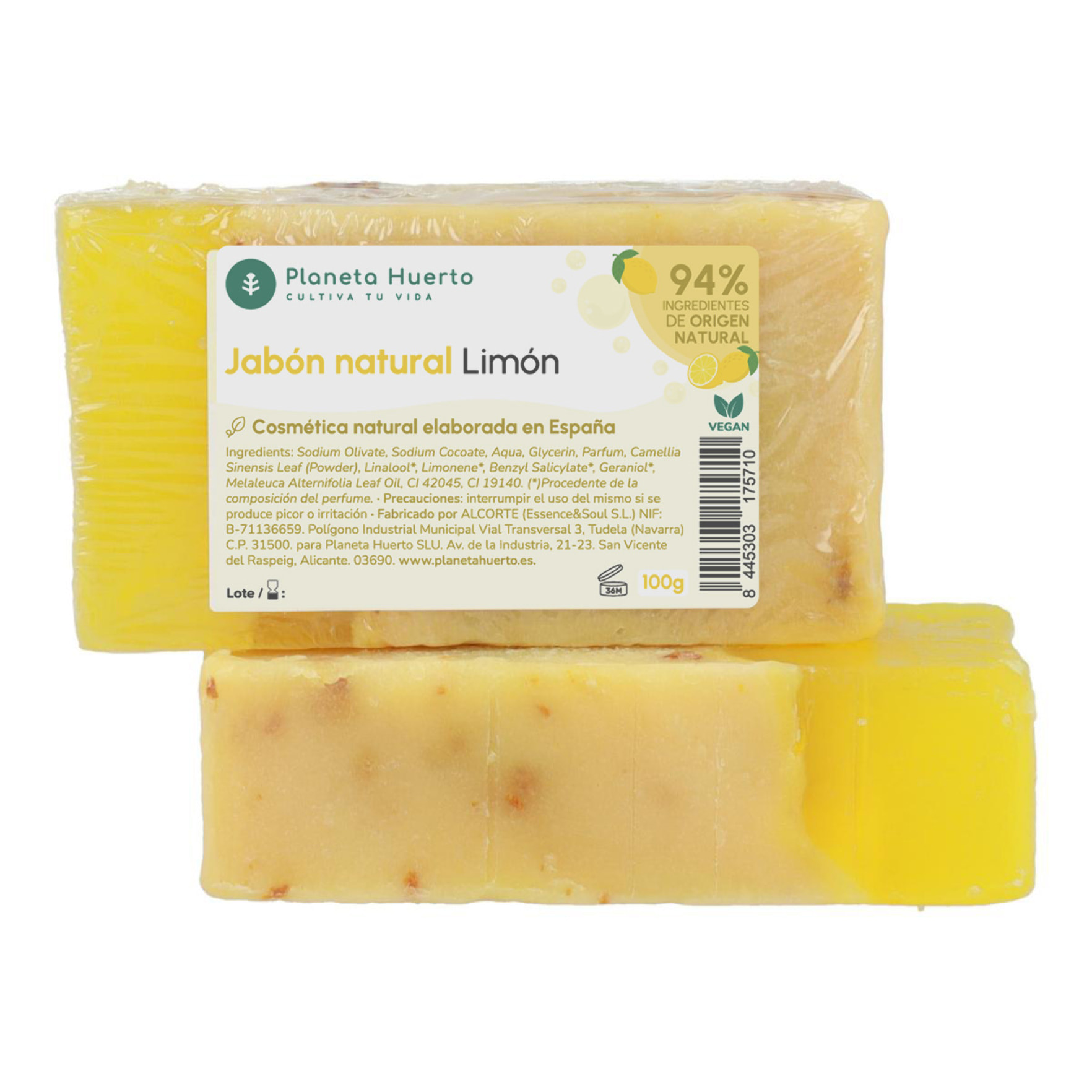 PLANETA HUERTO | Jabón Natural de Aceite de Oliva y Limón 100 g | Refrescante y Antioxidante | Aroma Cítrico Energizante
